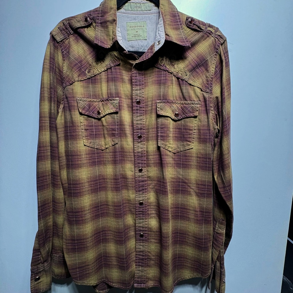 Sonoma Life + Style Fitted Western Shirt Mens M Green Purple Plaid Embroidered